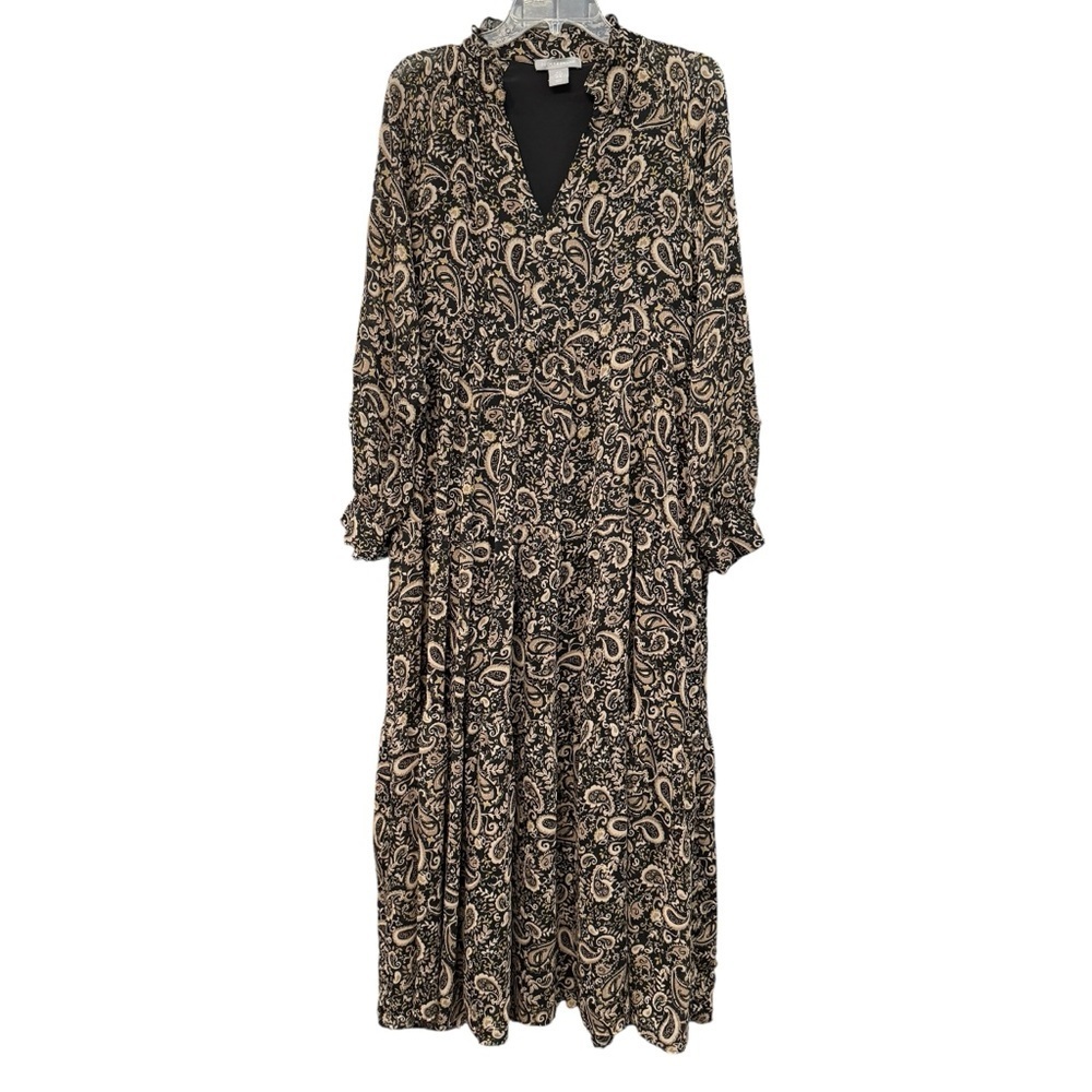 🌿 Lucky Brand Paisley Maxi Dress M Boho Black Long Sleeve Lined Flowy